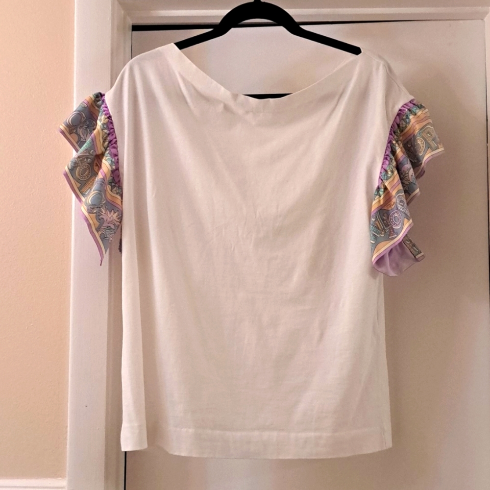 Emilio Pucci White Cotton Shirt w/ Emilio Pucci Ruffle On Arm Tan Purple Blue L